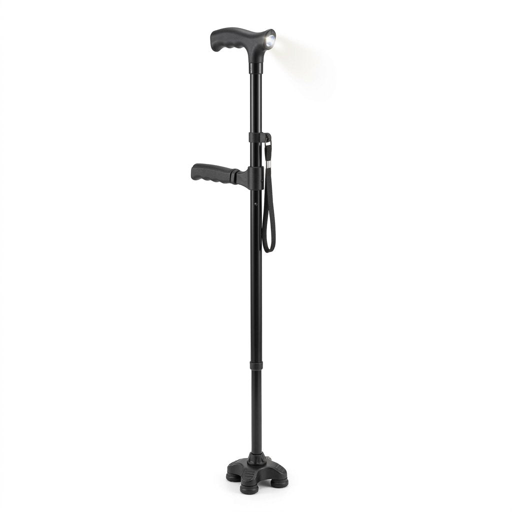 Foldable Walking Cane with LED Light, Quad Base and Height Adjustment