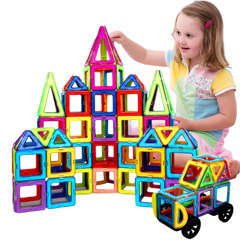 Colourful magnetic building tiles arranged into houses, towers and vehicles