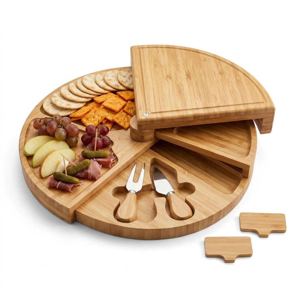 Round Bamboo Cheese Board Set with Swivel Serving Trays and Utensils