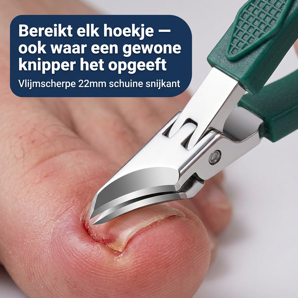 Angled nail clippers with shaped grip handles and metal cutting jaws
