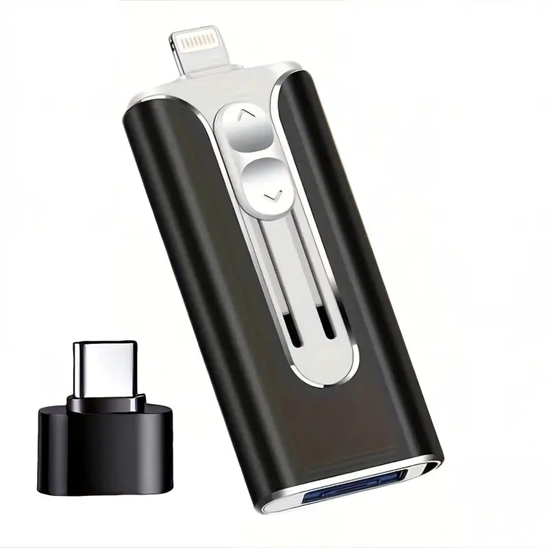 Compact 4-in-1 USB flash drive with multiple connectors and separate black adapter