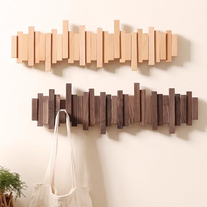 Piano-design wall mounted wooden coat rack with foldable hooks