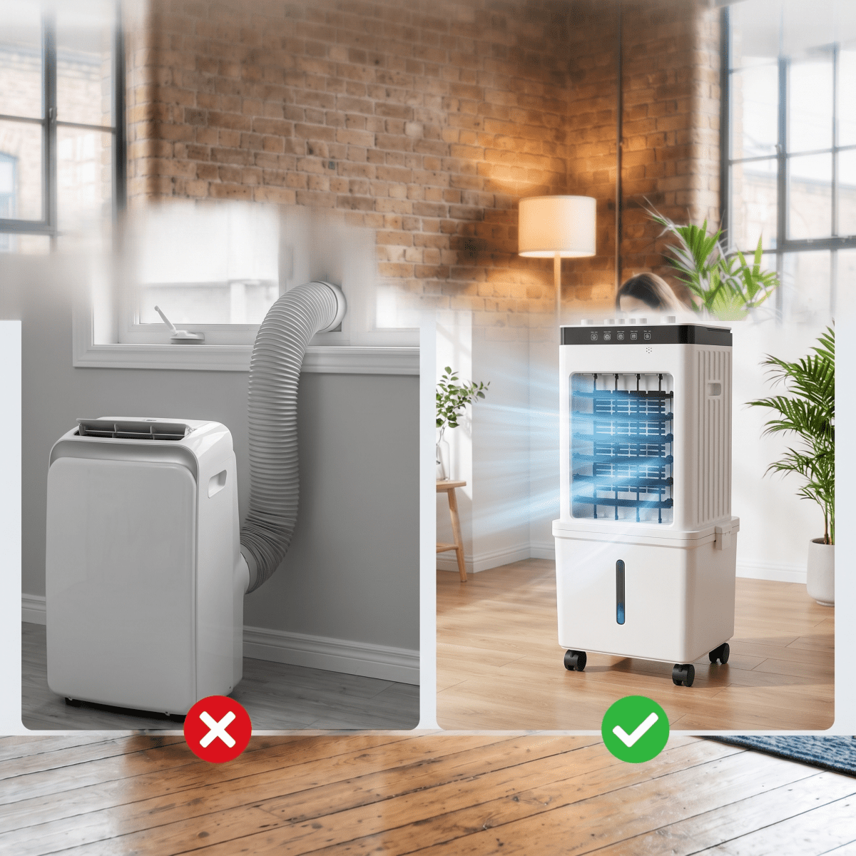 White portable air cooler and fan on wheels