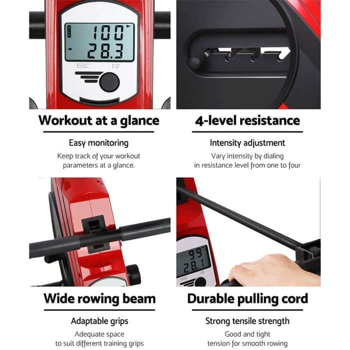 Red and black home rowing machine with padded seat and elastic resistance housing