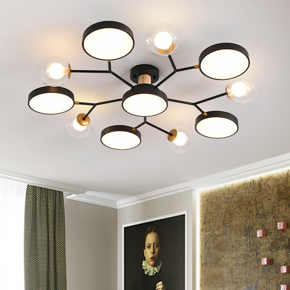 Circular multi-arm LED semi flush ceiling light with glass globes