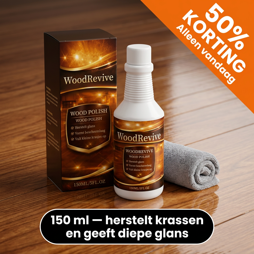 White WoodRevive liquid wood polish bottle with cloth and box