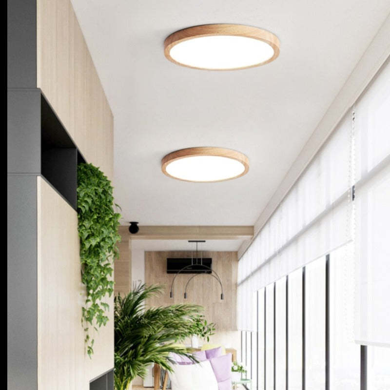 Circular dimmable LED ceiling light with a wood-effect ring and white diffuser
