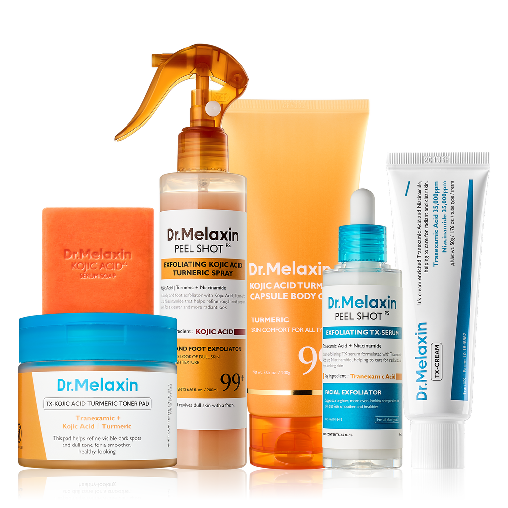 Kojic acid skincare set with soap, spray, toner pads, serum and creams
