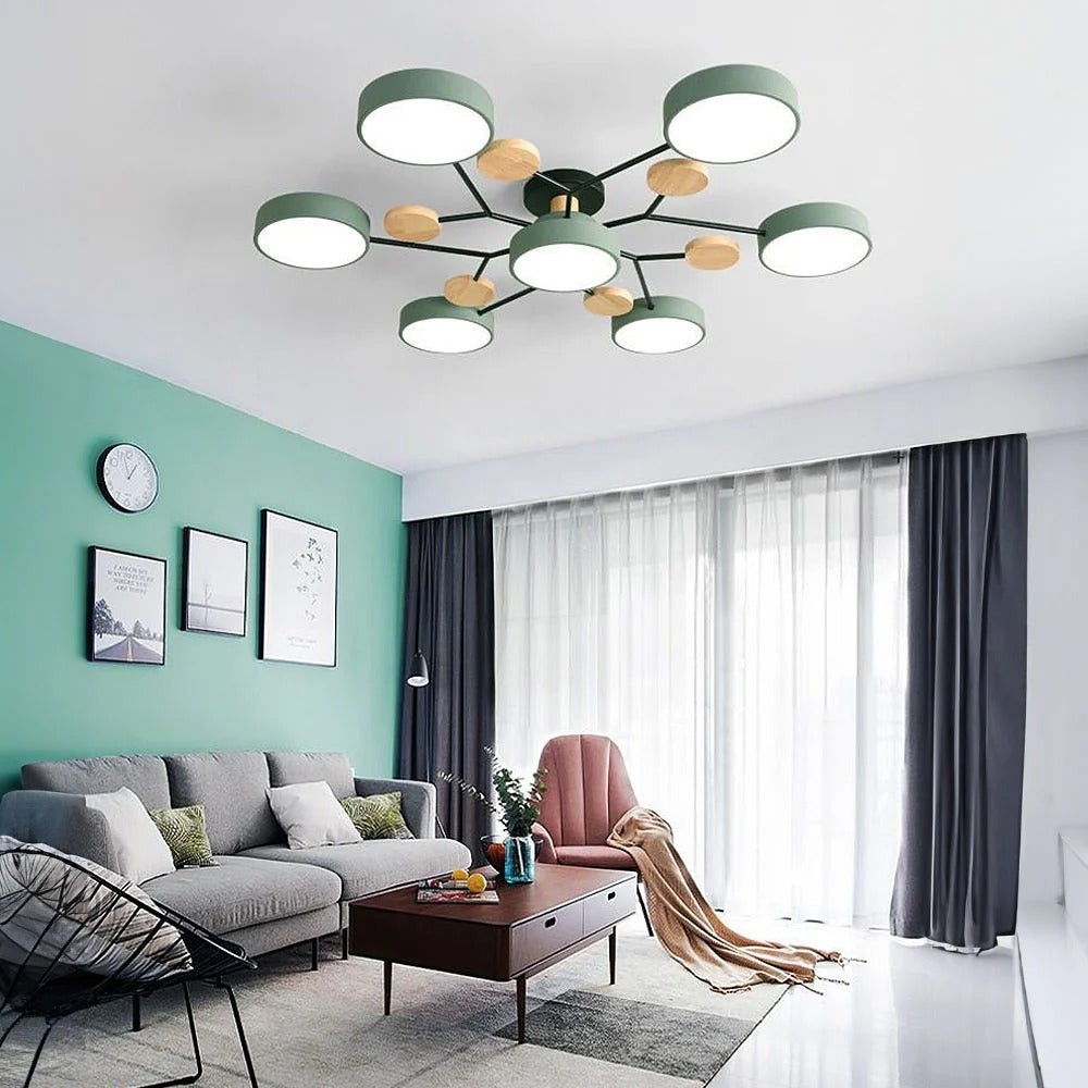 Round semi-flush LED ceiling light with branching frame and wood-effect accents