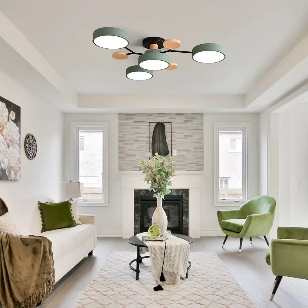Round semi-flush LED ceiling light with branching frame and wood-effect accents
