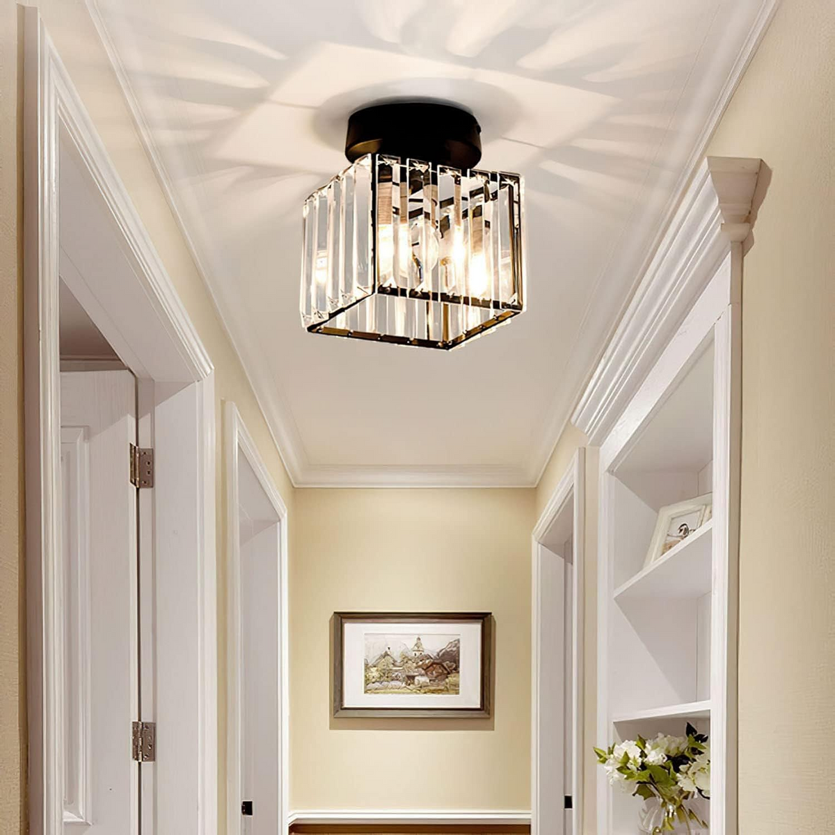 Flush mount ceiling light with clear faceted square shade