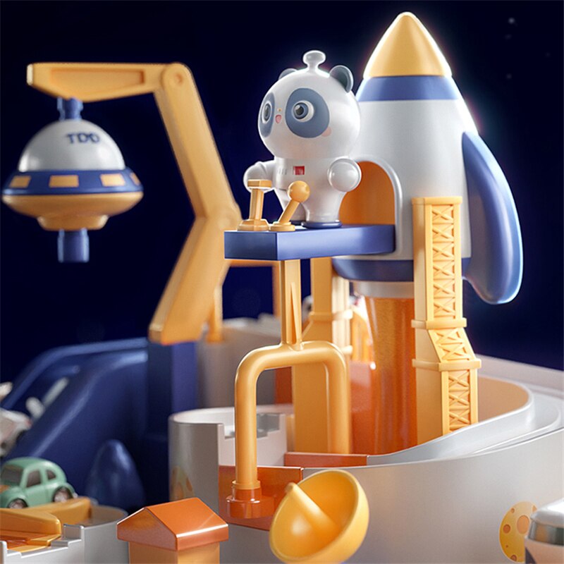 Colourful space-themed activity circuit toy with cars and raised tracks