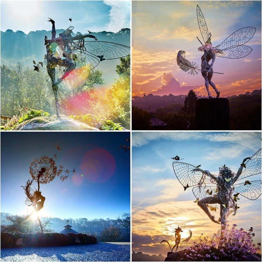 Black metal garden ornament with a winged fairy on a dandelion-style flower