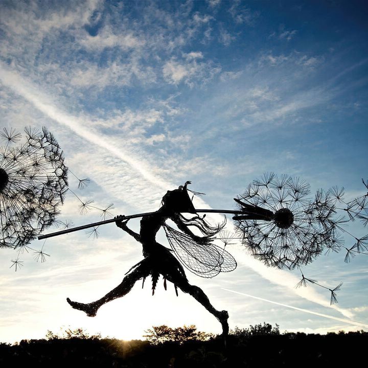 Black metal garden ornament with a winged fairy on a dandelion-style flower