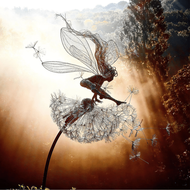 Black metal garden ornament with a winged fairy on a dandelion-style flower