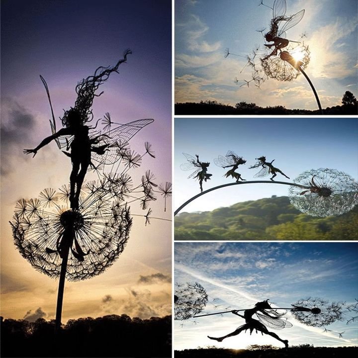 Black metal garden ornament with a winged fairy on a dandelion-style flower
