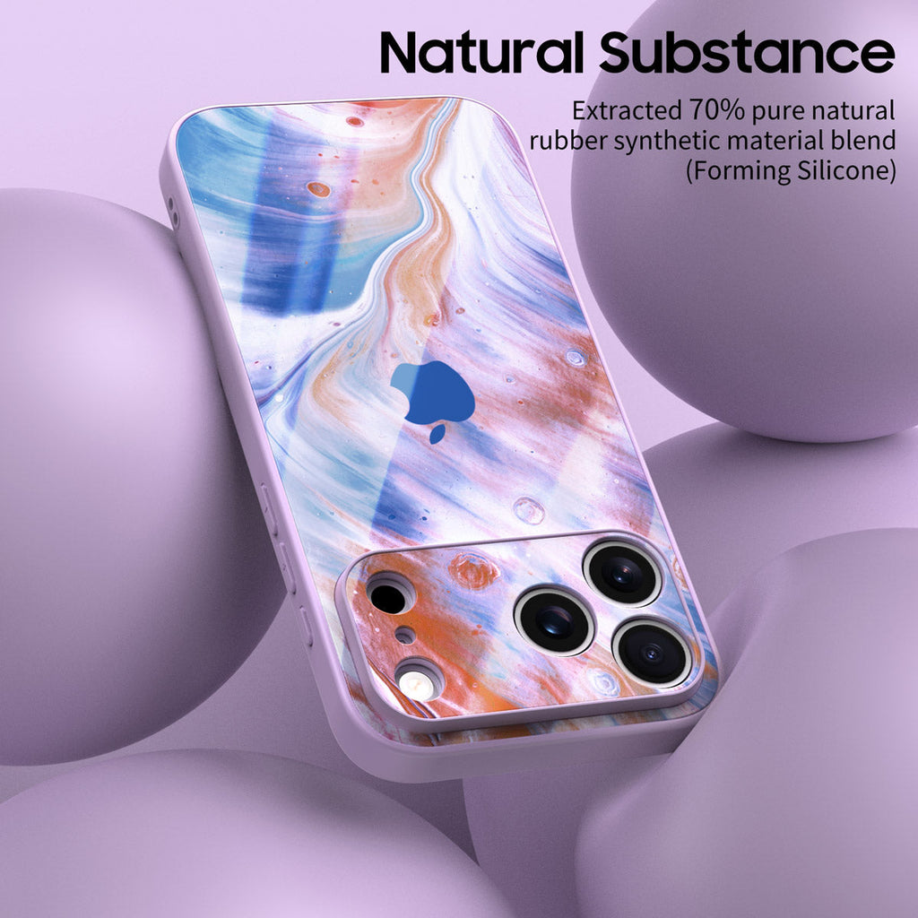 Blue abstract glass-effect iPhone case with black edge and camera cutout