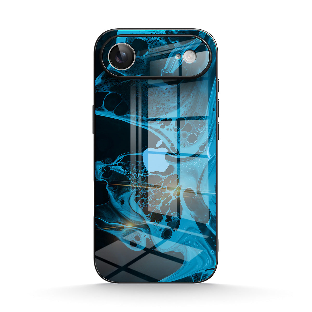 Blue abstract glass-effect iPhone case with black edge and camera cutout