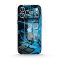 Blue abstract glass-effect iPhone case with black edge and camera cutout