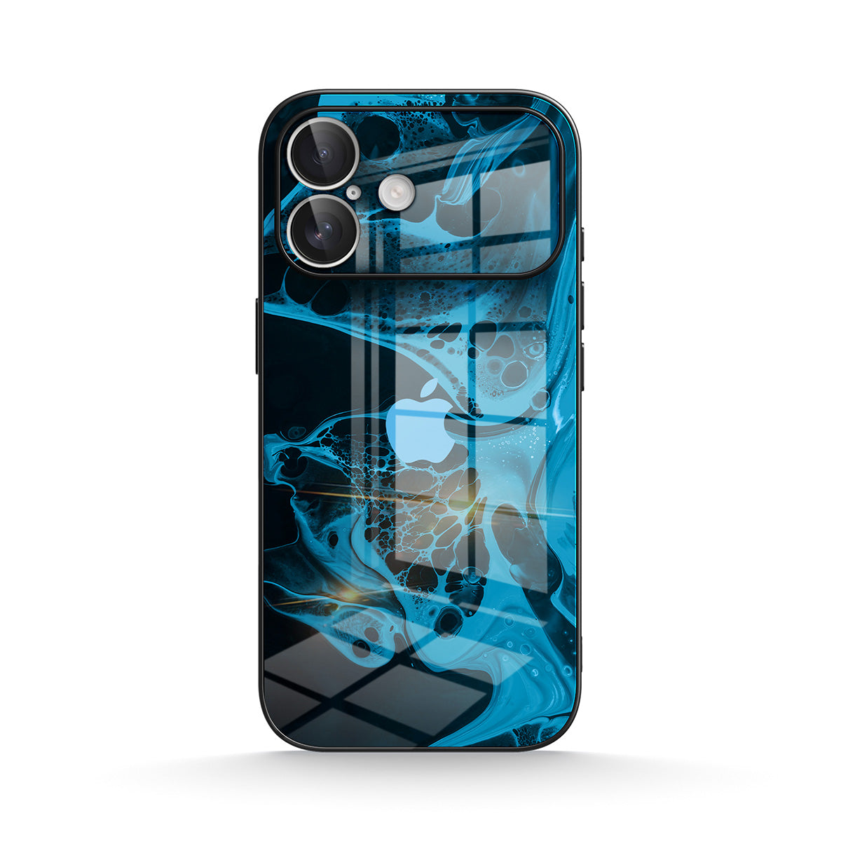 Blue abstract glass-effect iPhone case with black edge and camera cutout