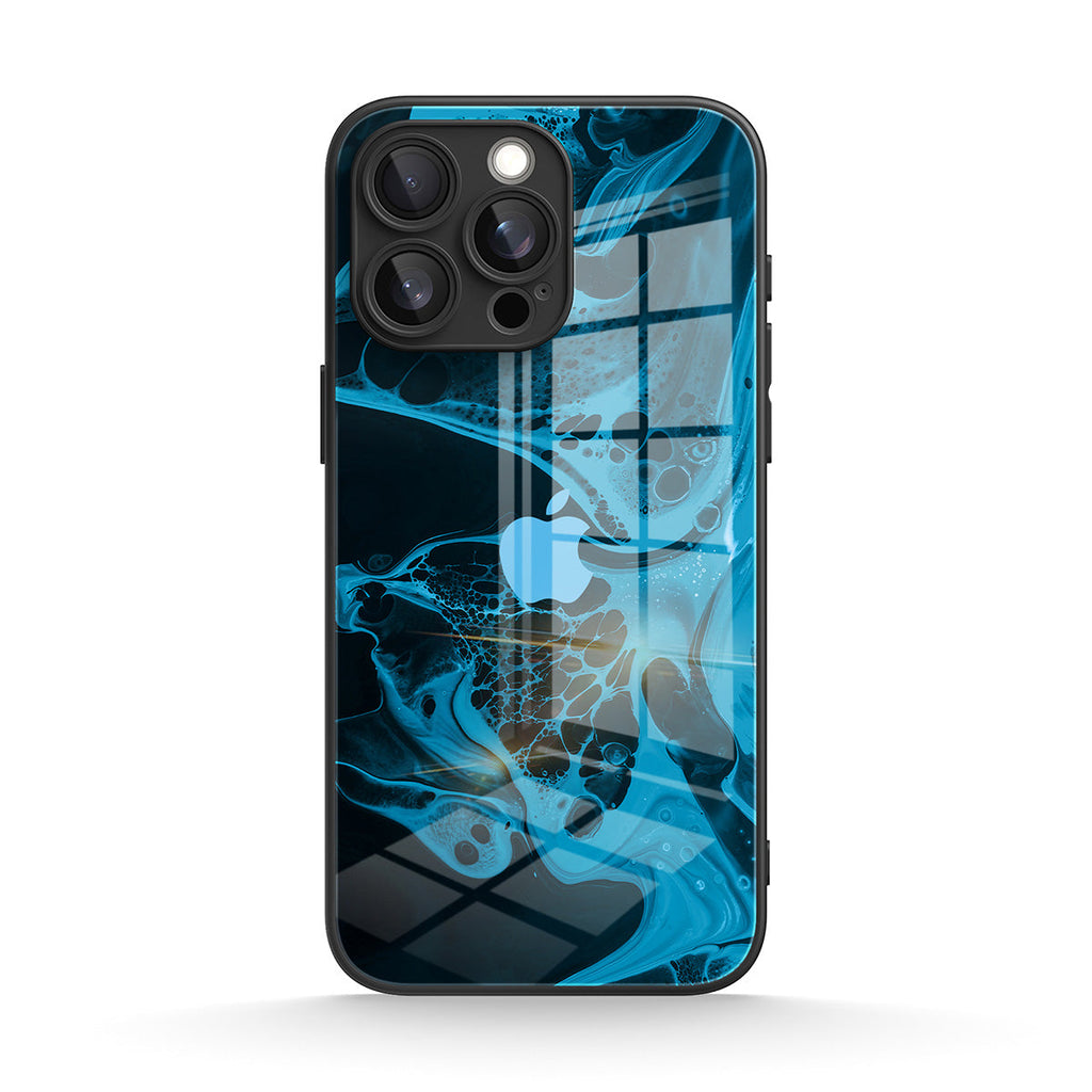 Blue abstract glass-effect iPhone case with black edge and camera cutout