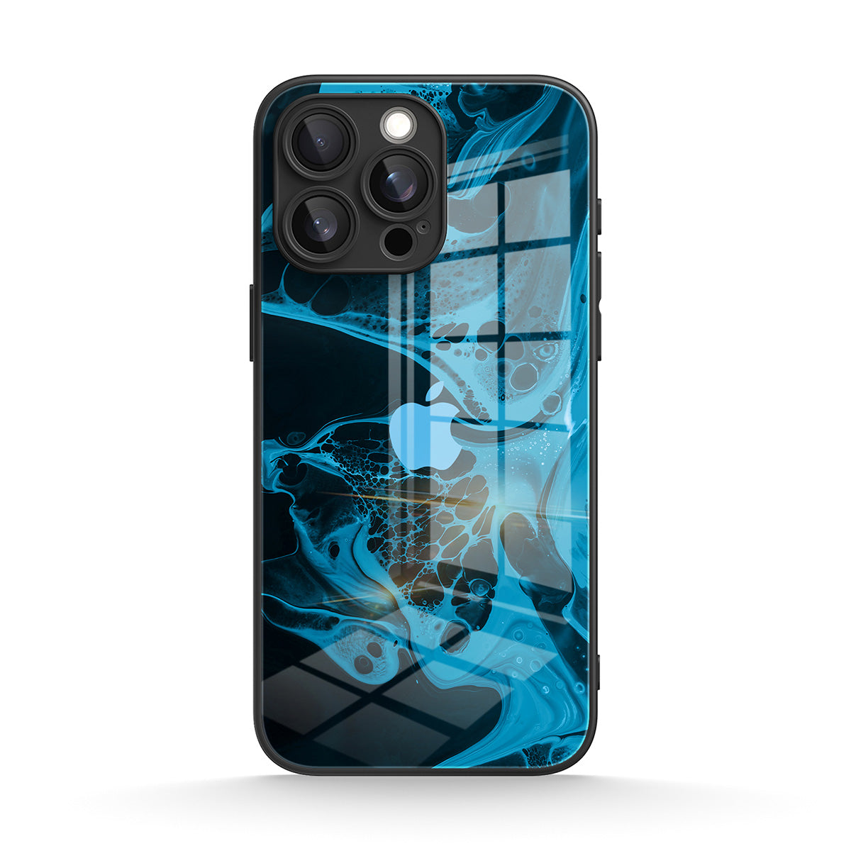 Blue abstract glass-effect iPhone case with black edge and camera cutout