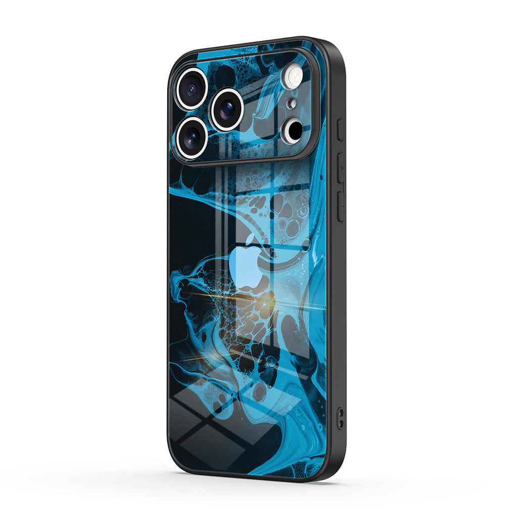 Blue abstract glass-effect iPhone case with black edge and camera cutout