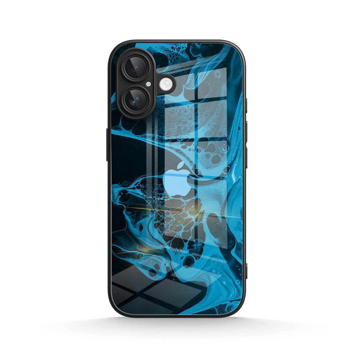 Blue abstract glass-effect iPhone case with black edge and camera cutout
