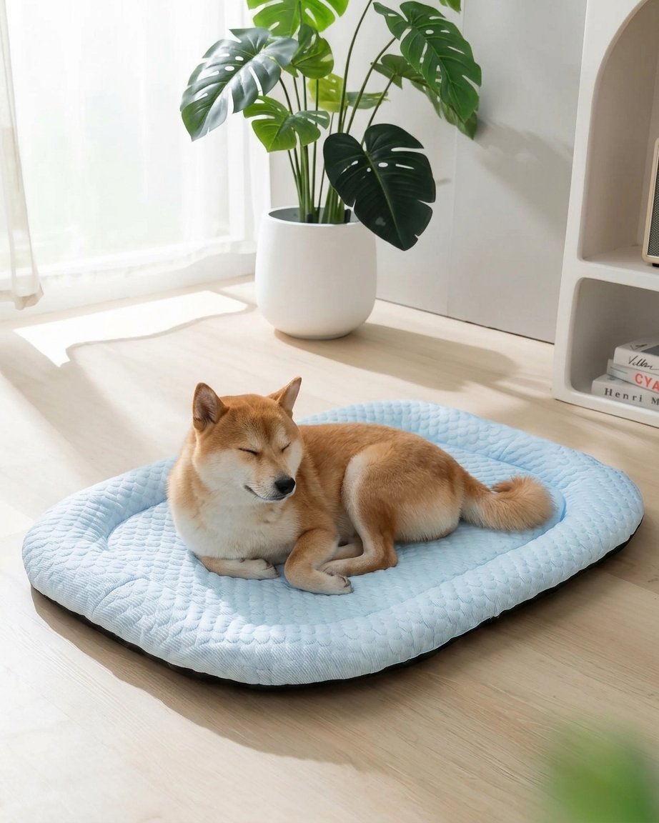 Cooling Dog Bed Mat with Raised Edge and Non-Slip Base, Light Blue