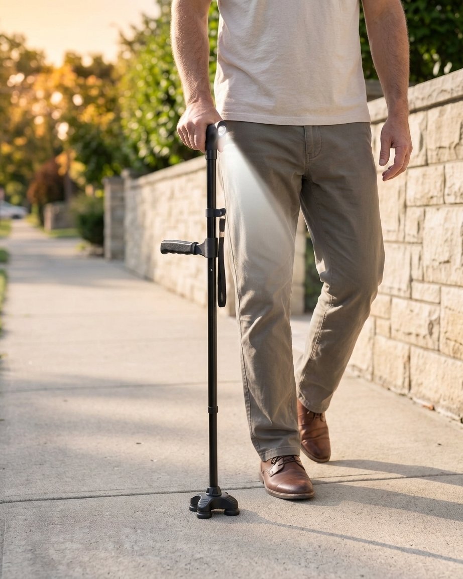Foldable Walking Cane with LED Light, Quad Base and Height Adjustment