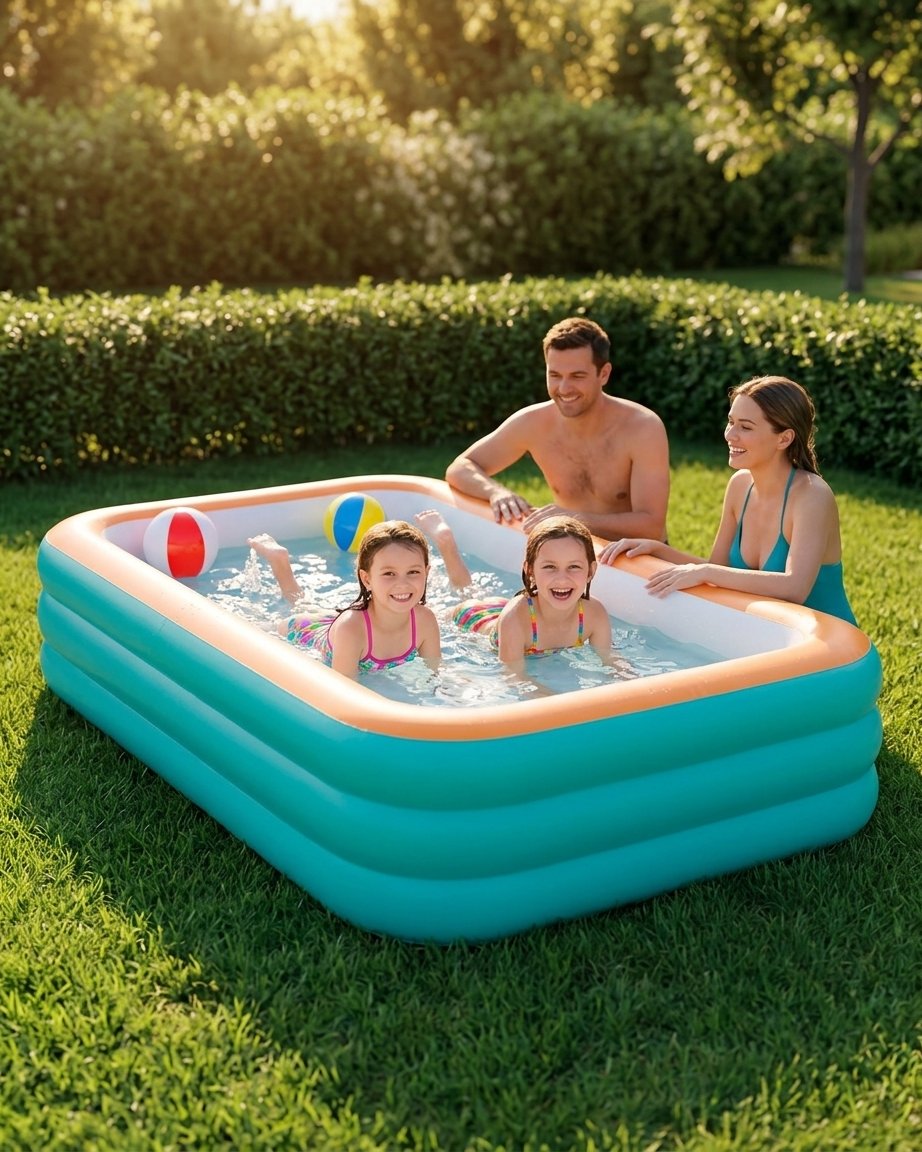 Large Rectangular Inflatable Family Pool – 98 x 67 x 22 in, Teal and Orange