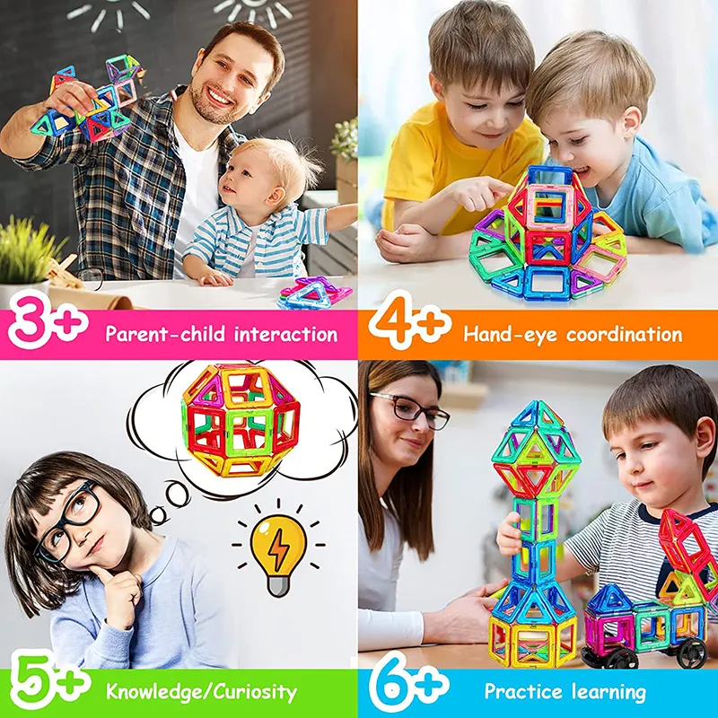Colourful magnetic building tiles arranged into houses, towers and vehicles