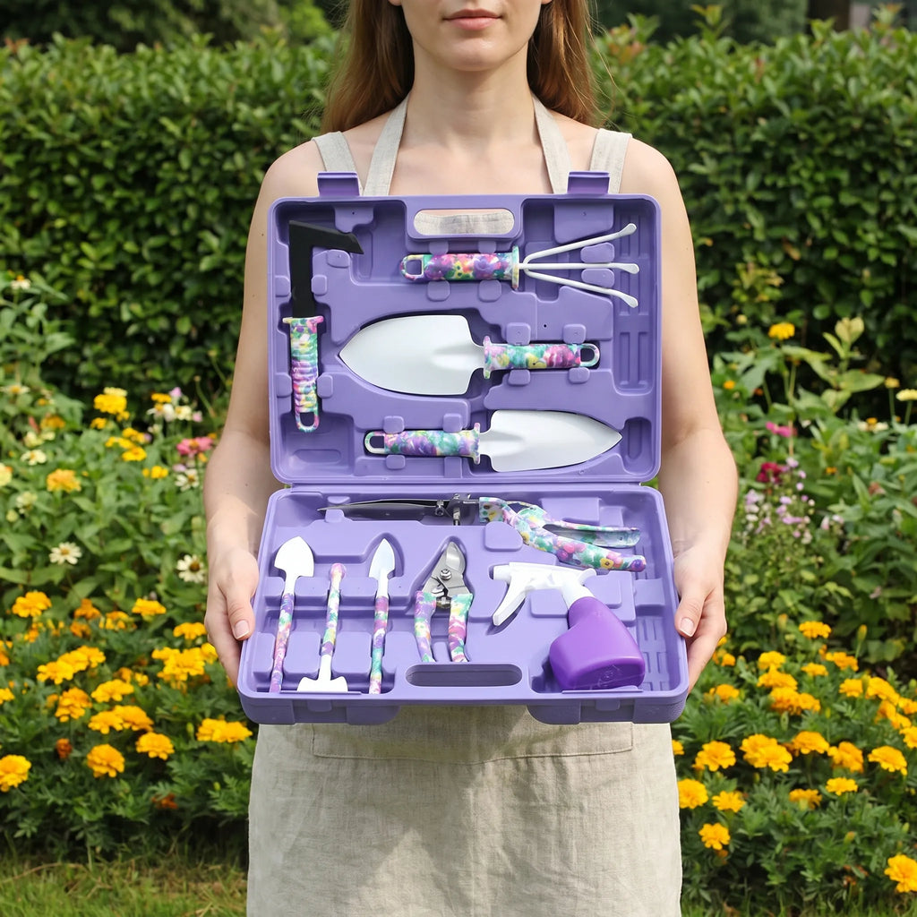 10-piece gardening tool set with hand tools arranged in a fitted carry case