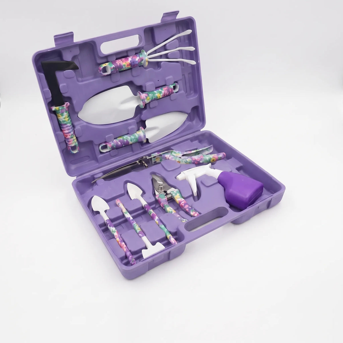 10-piece gardening tool set with hand tools arranged in a fitted carry case