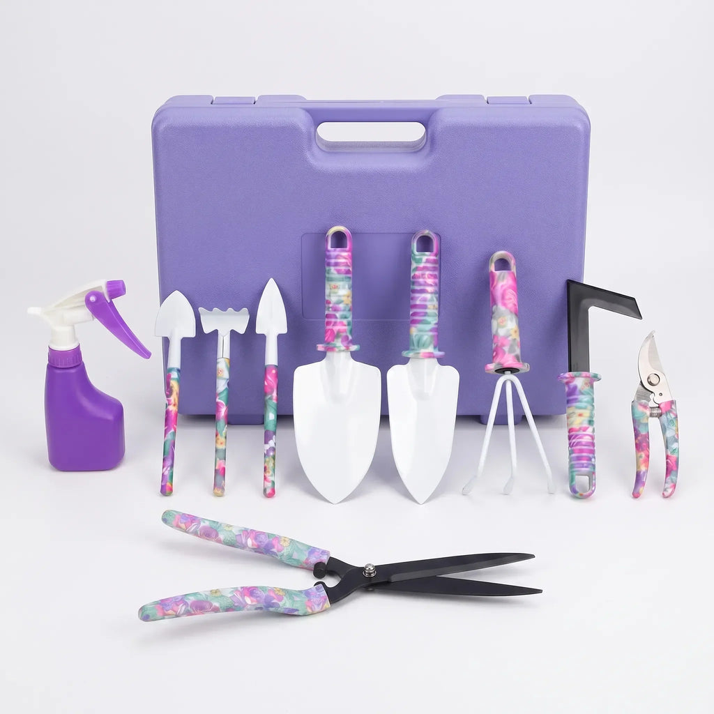 10-piece gardening tool set with hand tools arranged in a fitted carry case