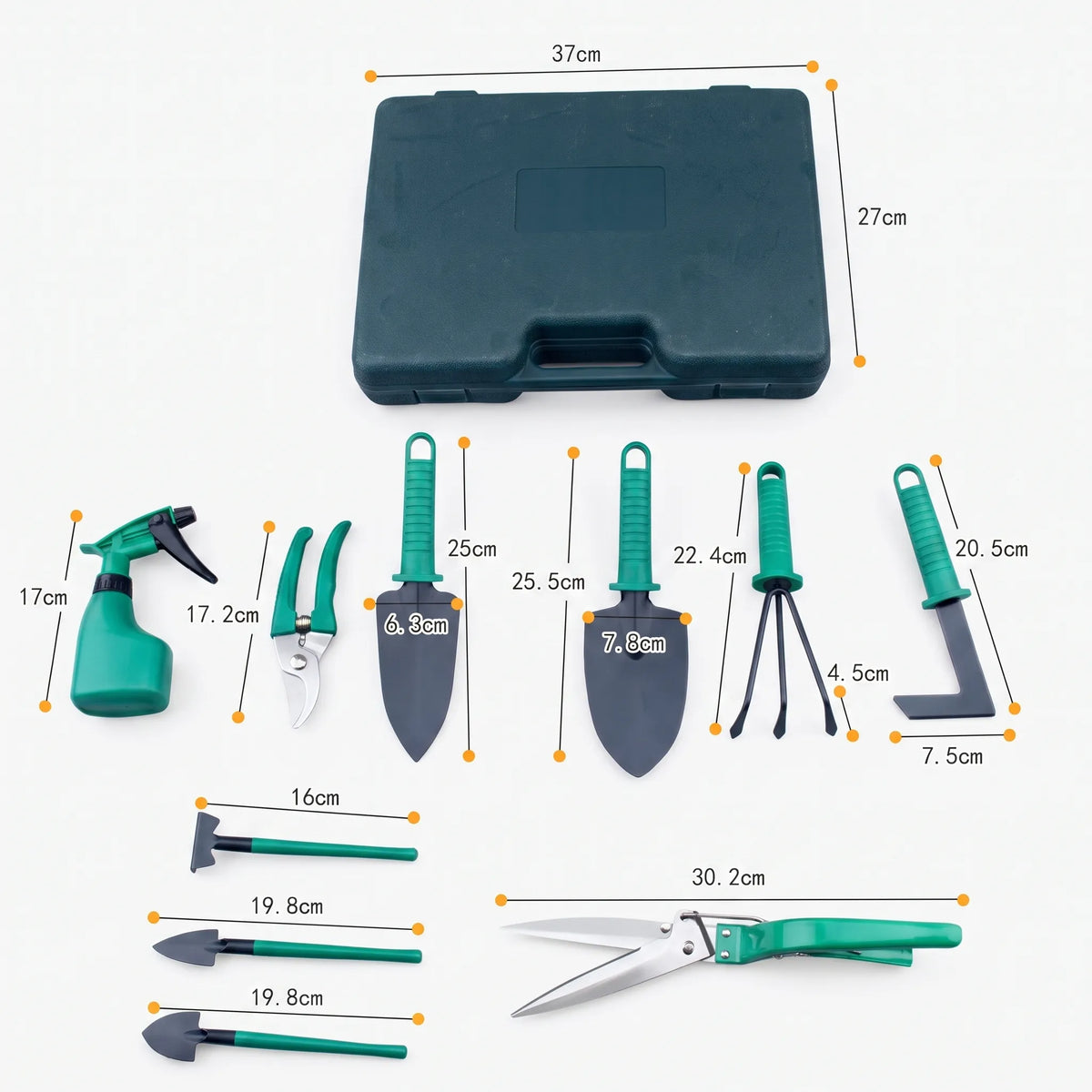 10-piece gardening tool set with hand tools arranged in a fitted carry case