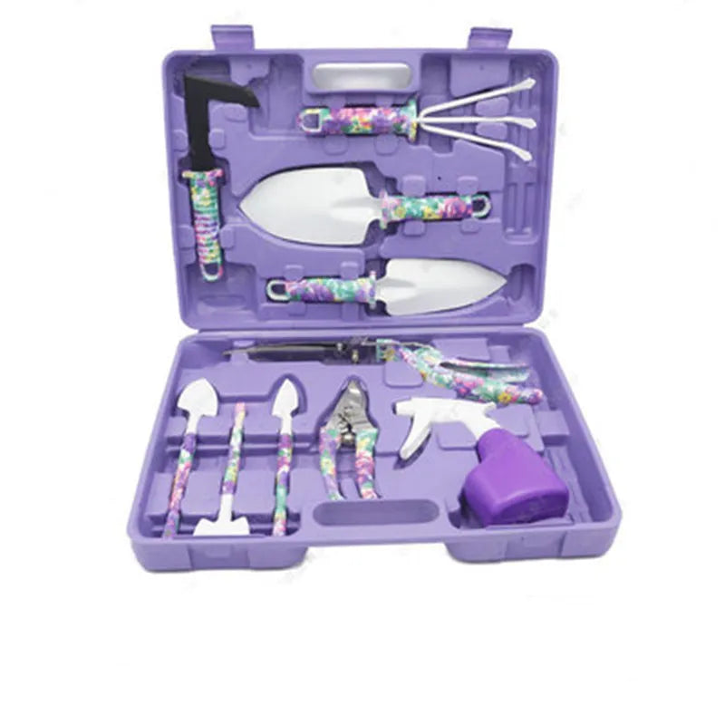 10-piece gardening tool set with hand tools arranged in a fitted carry case