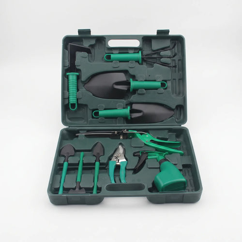 10-piece gardening tool set with hand tools arranged in a fitted carry case