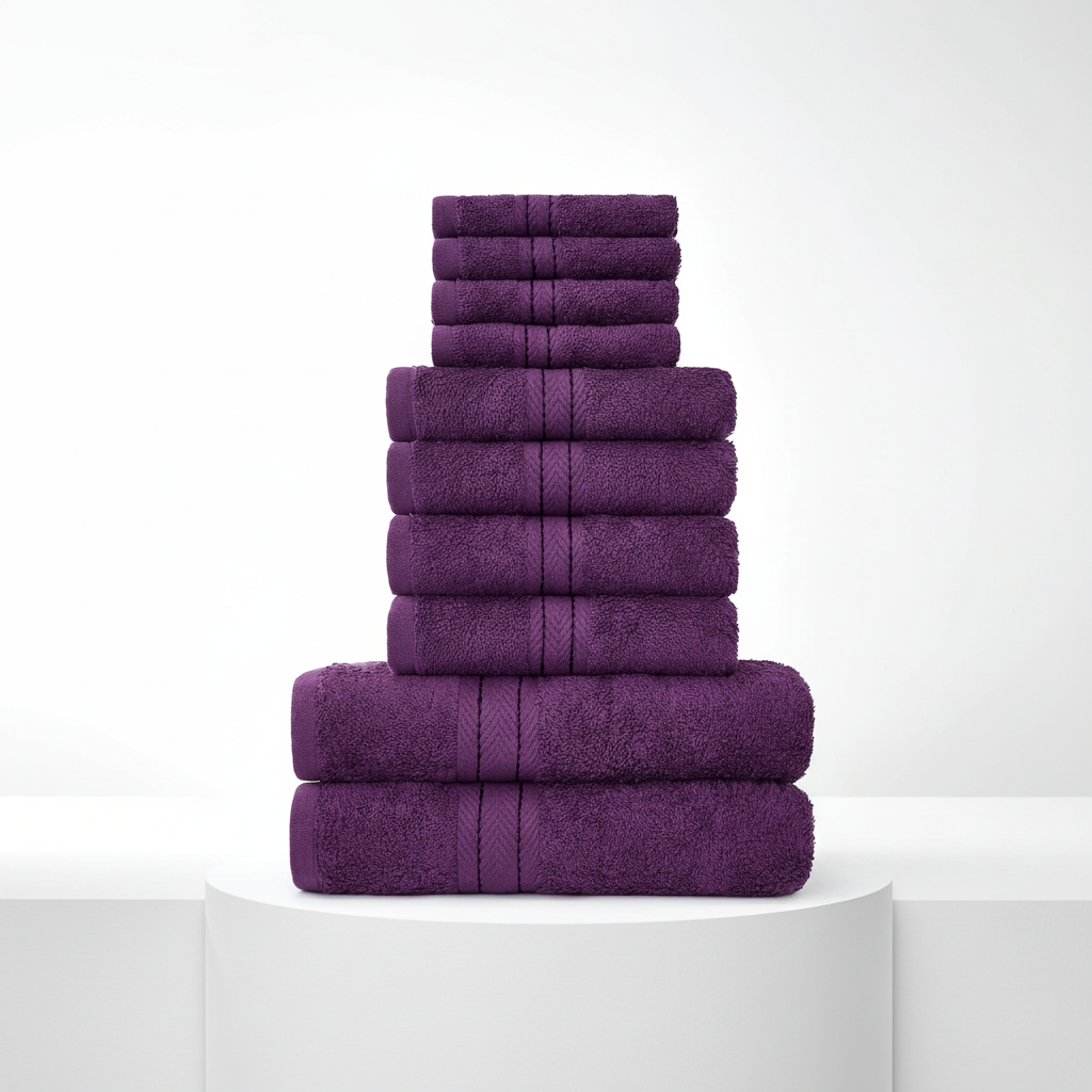 Ten-piece textured towel set with decorative central stripe details