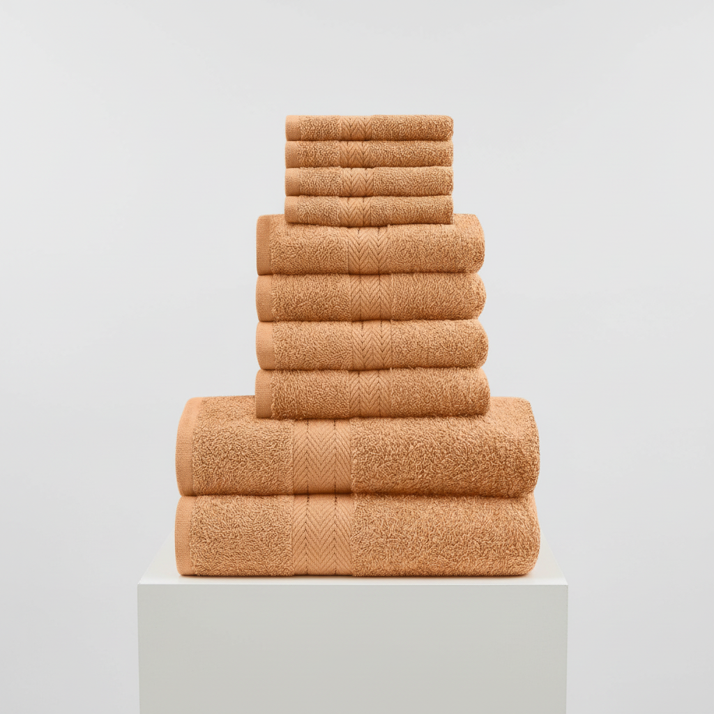 Ten-piece textured towel set with decorative central stripe details