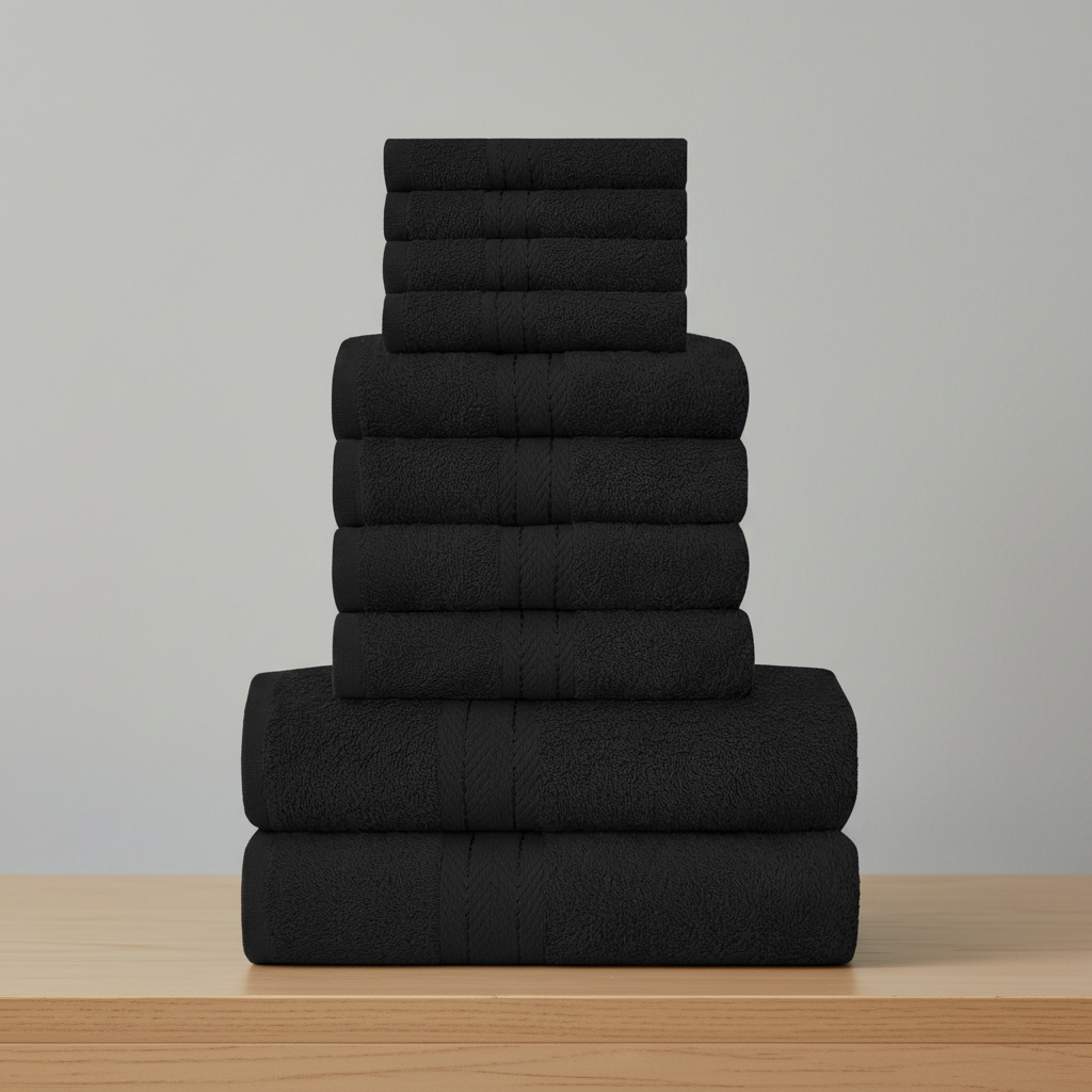 Ten-piece textured towel set with decorative central stripe details