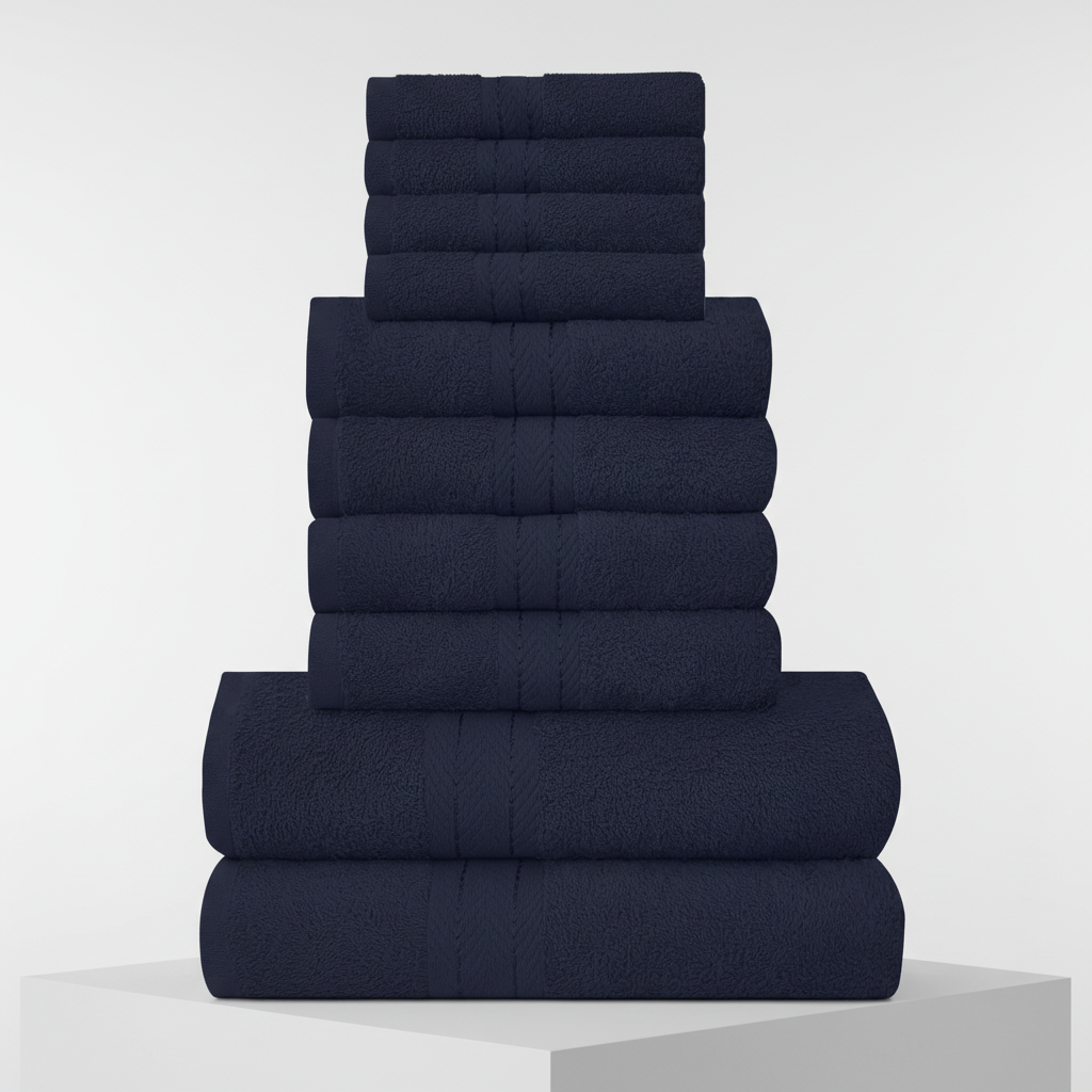 Ten-piece textured towel set with decorative central stripe details