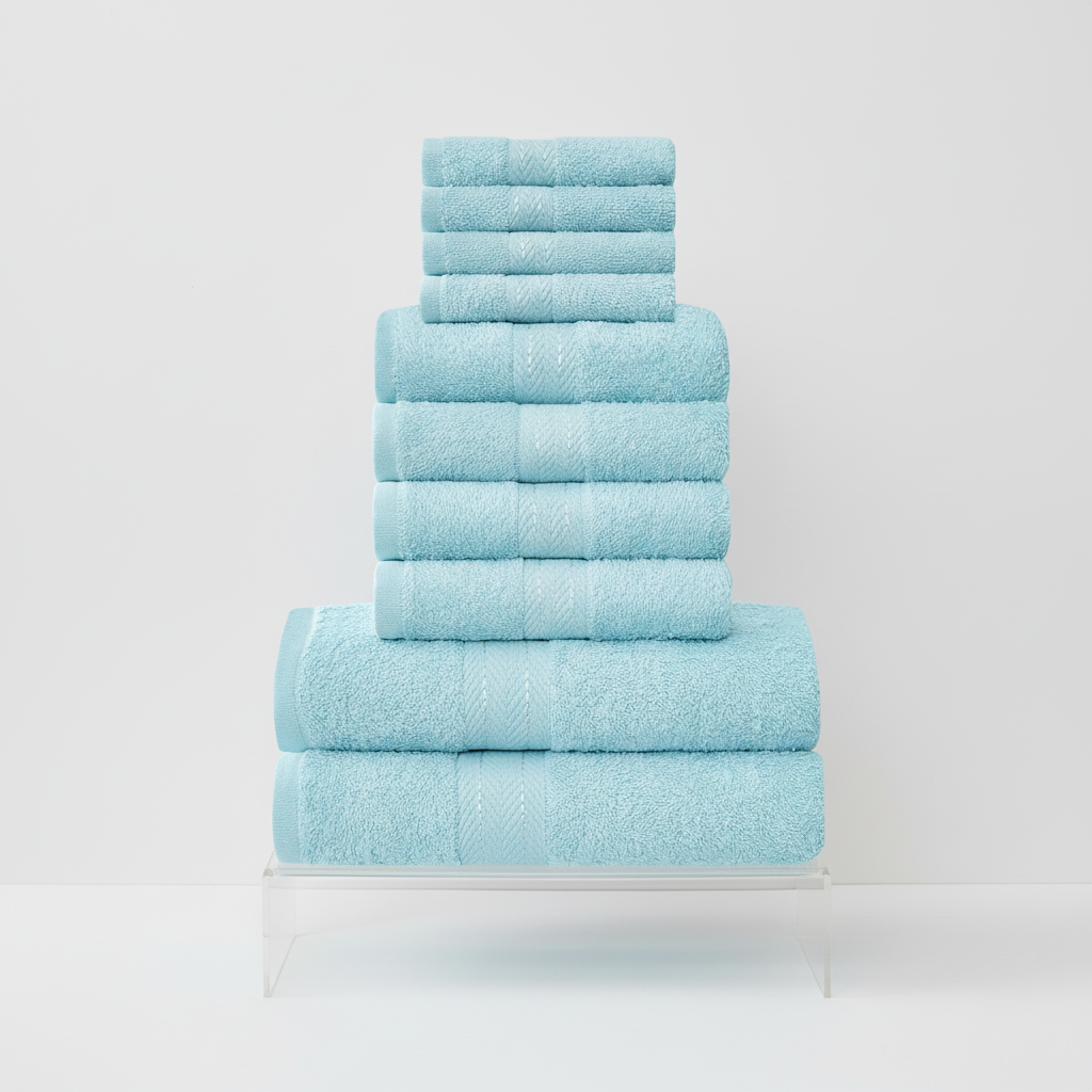 Ten-piece textured towel set with decorative central stripe details
