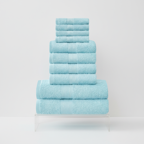 Ten-piece textured towel set with decorative central stripe details