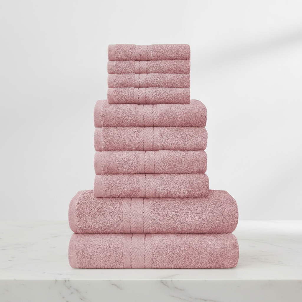 Ten-piece textured towel set with decorative central stripe details
