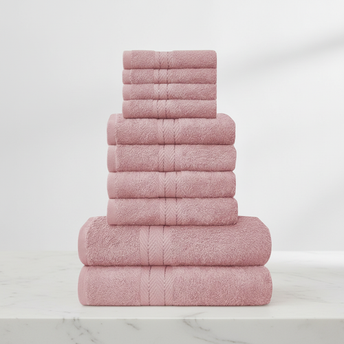 Ten-piece textured towel set with decorative central stripe details