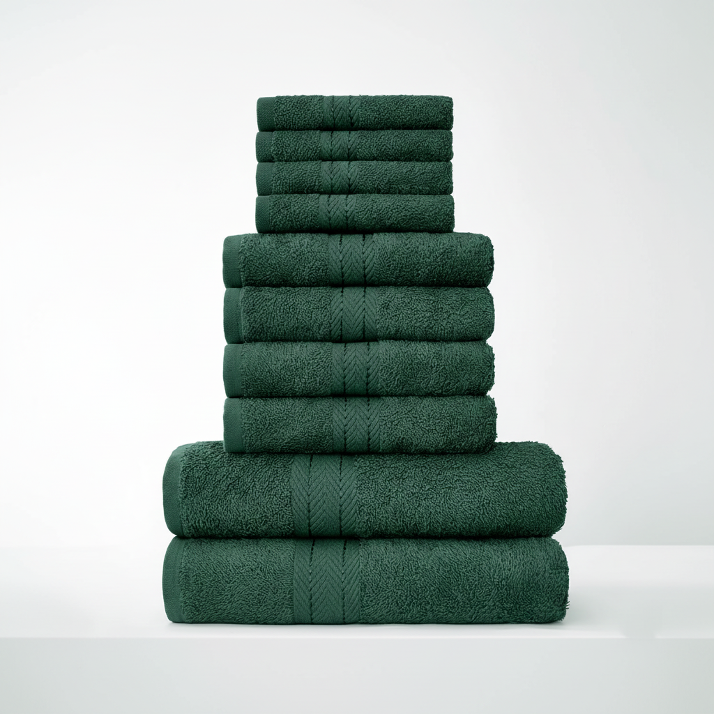 Ten-piece textured towel set with decorative central stripe details