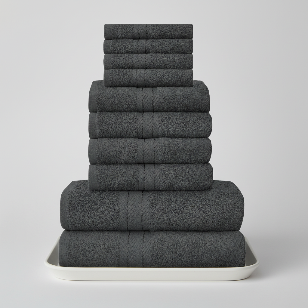 Ten-piece textured towel set with decorative central stripe details