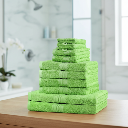 Green 10-piece textured towel set stacked together