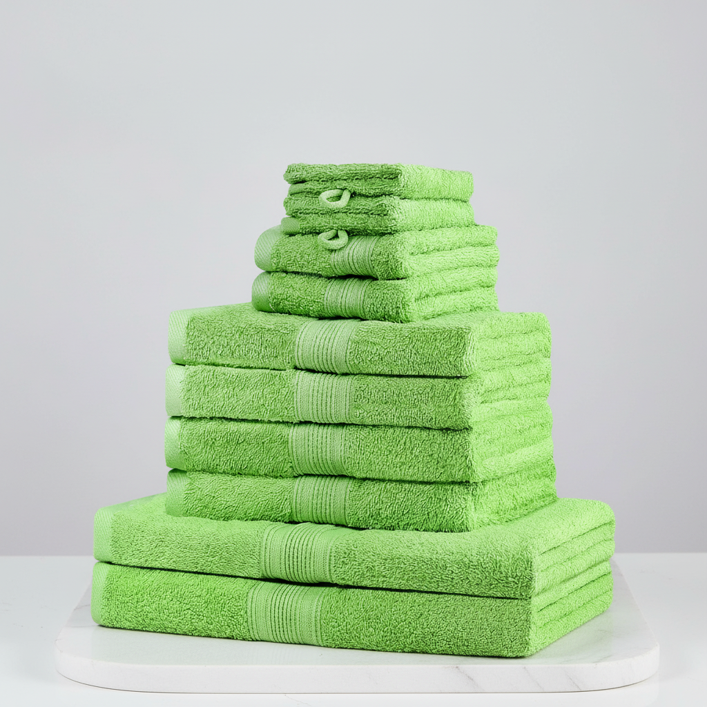Green 10-piece textured towel set stacked together